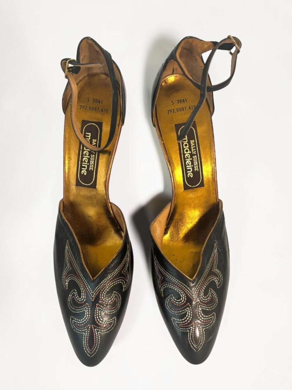 Bally Madeleine Black Leather Heels Size 8.5 Ankle Strap Pointed Toe Embroidered